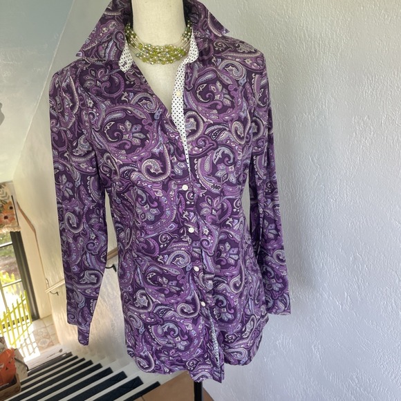 Izod Tops - IZOD Lacoste Alligator Purple Paisley Button Up Blouse Shirt Top Size M
